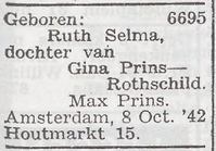 Geburtsanzeige von Ruth Selma Prins